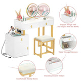 Unikito Vanity Desk with Mirror and Lights, Makeup Vanity Table Set with 3 Storage Drawers, Stool and Divided Organizers, Dressing Table with 3 Color Lighting Options for Women Girls