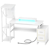 53 Inch Computer Desk with 2 Fabric Drawers, Reversible Home Office Desk with LED Lights, Power Outlets, Side Tall Shelf