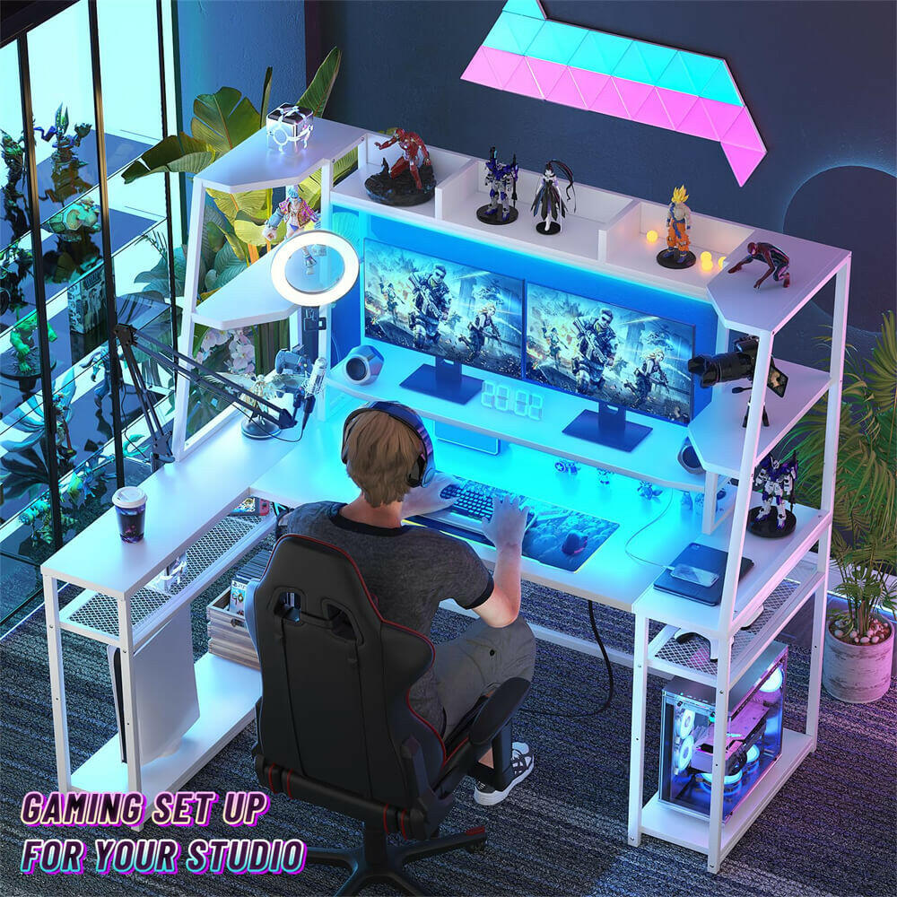 Unikito L Shaped Gaming Desk with LED Lights & Power Strips, 63'' Reversible Gaming Table Desk with Hutch, L-Shaped PC Gaming Desk with Storage, L Gamer Desk with Monitor Stand & Hook