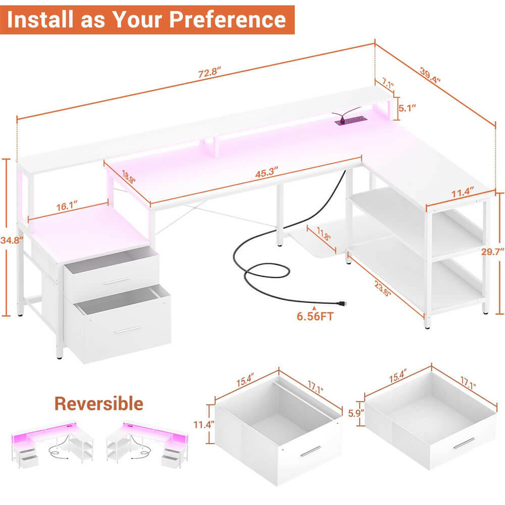 Unikito L Shaped Desk with File Drawer, 72.8" Reversible L Shaped Computer Desk with Power Outlet & LED Strip, Gaming Desk with Monitor Stand, Office Desk Corner Desk with Storage Shelf