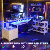 Unikito L Shaped Desk with File Drawer, 72.8" Reversible L Shaped Computer Desk with Power Outlet & LED Strip, Gaming Desk with Monitor Stand, Office Desk Corner Desk with Storage Shelf