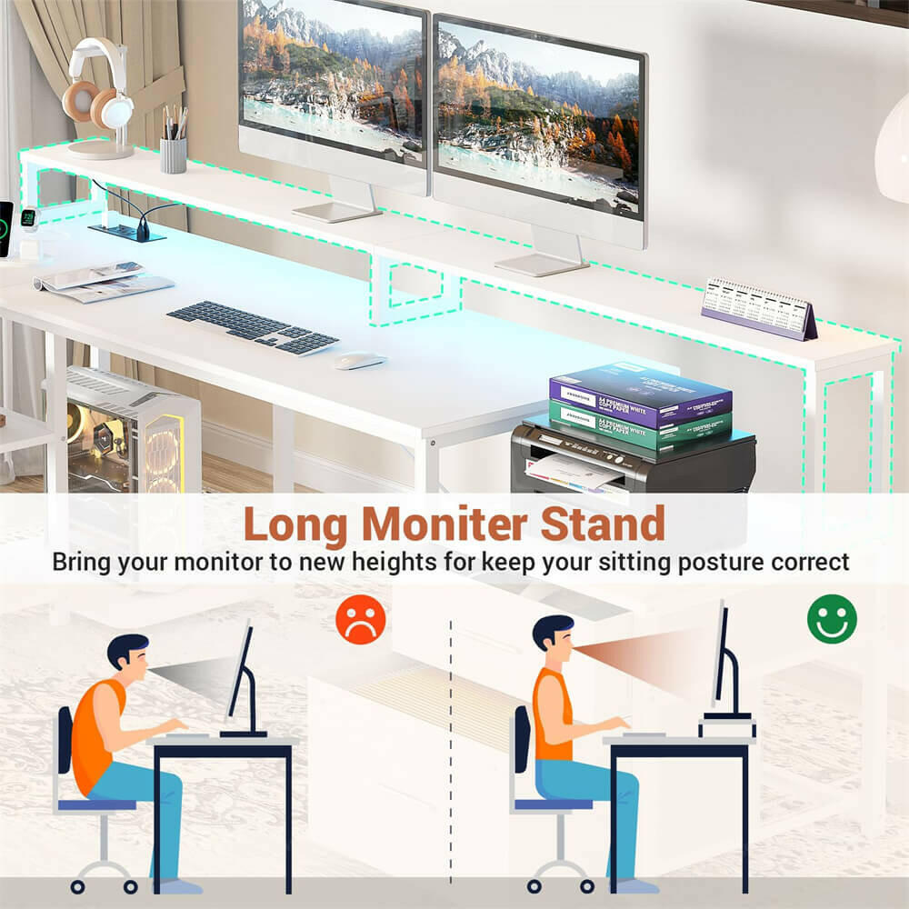 Unikito L Shaped Desk with File Drawer, 72.8" Reversible L Shaped Computer Desk with Power Outlet & LED Strip, Gaming Desk with Monitor Stand, Office Desk Corner Desk with Storage Shelf