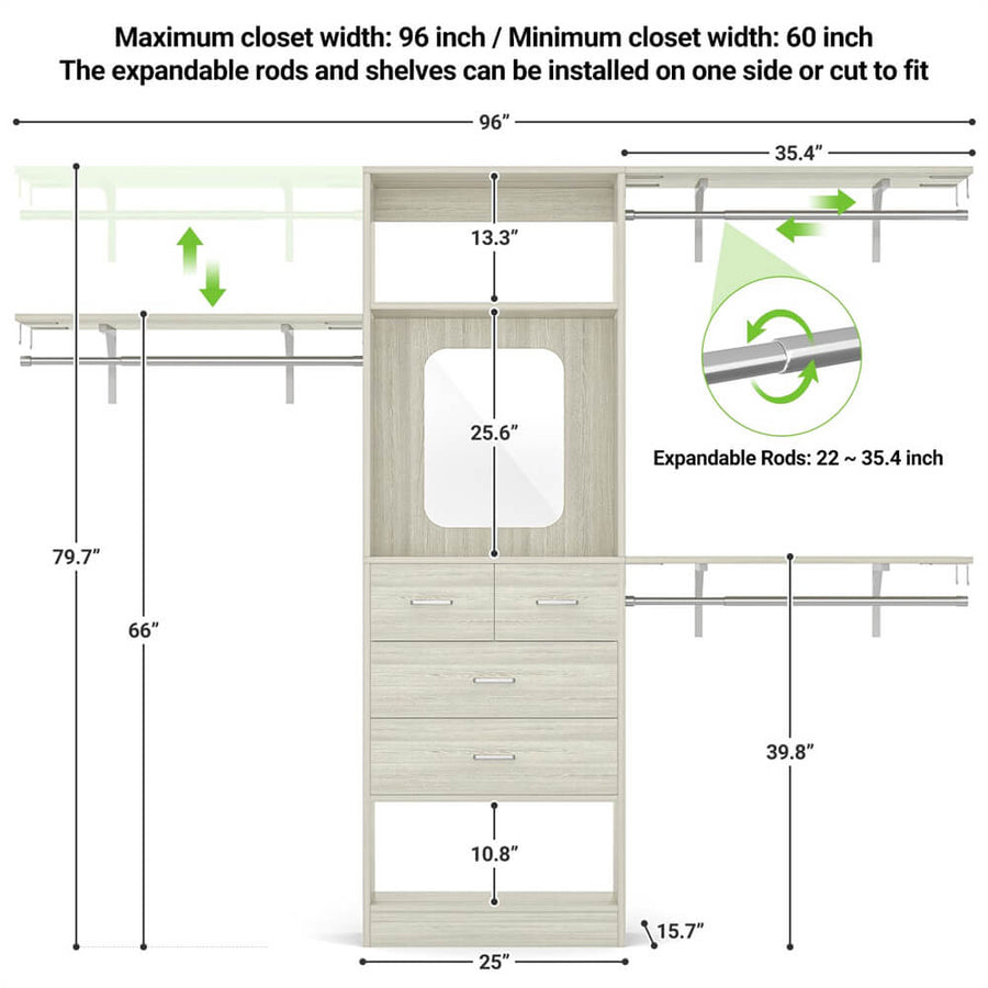 Unikito 96 Inch Closet Organizer System with 4 Drawers & 3 Shelf Towers ...