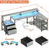 Unikito L Shaped Desk with File Drawer, 72.8" Reversible L Shaped Computer Desk with Power Outlet & LED Strip, Gaming Desk with Monitor Stand, Office Desk Corner Desk with Storage Shelf