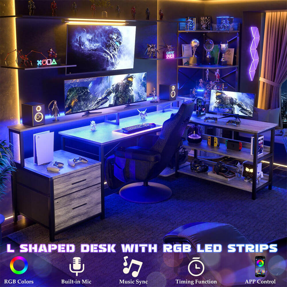 Unikito L Shaped Desk with File Drawer, 72.8" Reversible L Shaped Computer Desk with Power Outlet & LED Strip, Gaming Desk with Monitor Stand, Office Desk Corner Desk with Storage Shelf