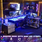 Unikito L Shaped Desk with File Drawer, 72.8" Reversible L Shaped Computer Desk with Power Outlet & LED Strip, Gaming Desk with Monitor Stand, Office Desk Corner Desk with Storage Shelf