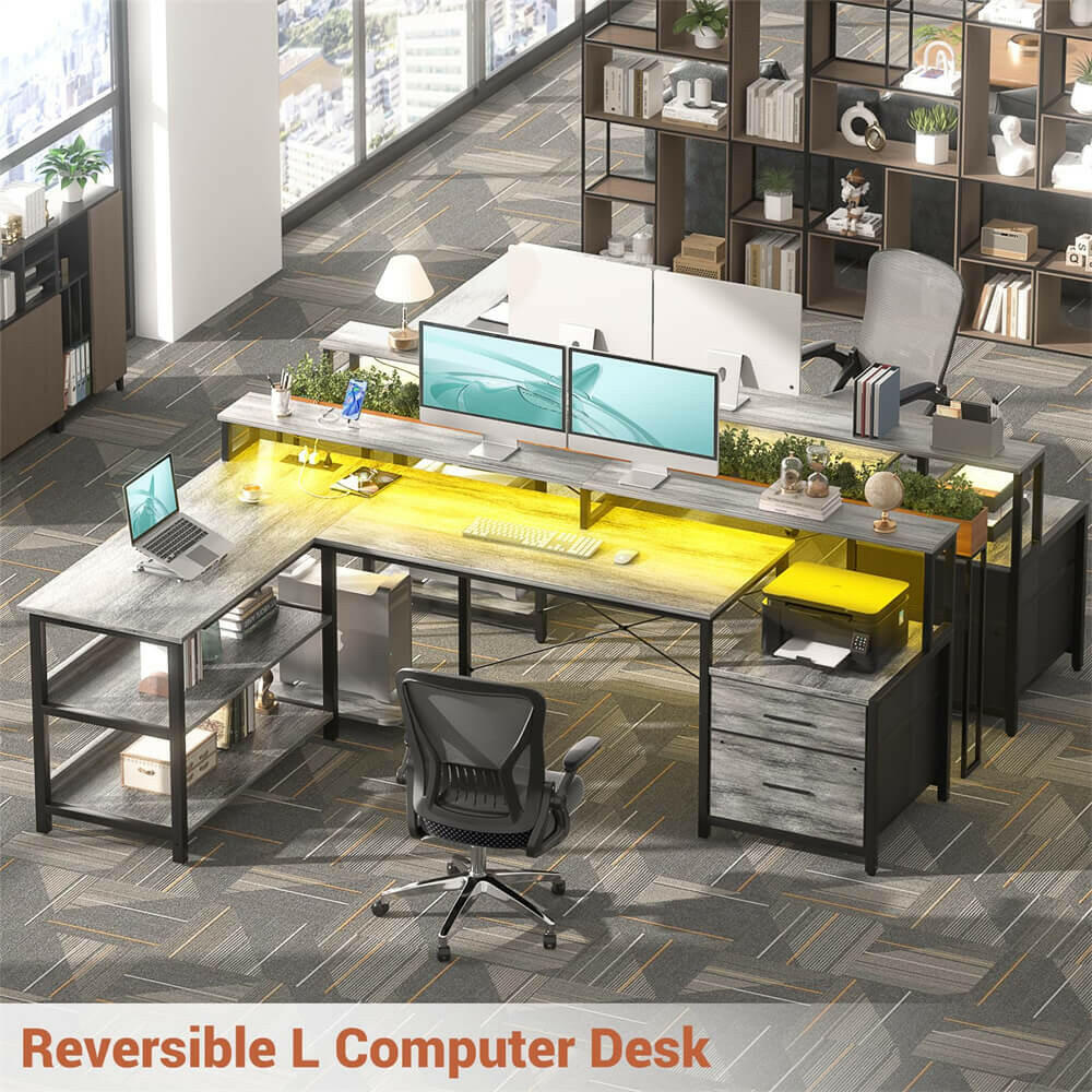 Unikito L Shaped Desk with File Drawer, 72.8" Reversible L Shaped Computer Desk with Power Outlet & LED Strip, Gaming Desk with Monitor Stand, Office Desk Corner Desk with Storage Shelf
