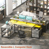 Unikito L Shaped Desk with File Drawer, 72.8" Reversible L Shaped Computer Desk with Power Outlet & LED Strip, Gaming Desk with Monitor Stand, Office Desk Corner Desk with Storage Shelf