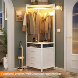 Corner Dresser with Clothes Rack, 70'' Tall Dresser with Drawers, Power Outlets, and LED Lights