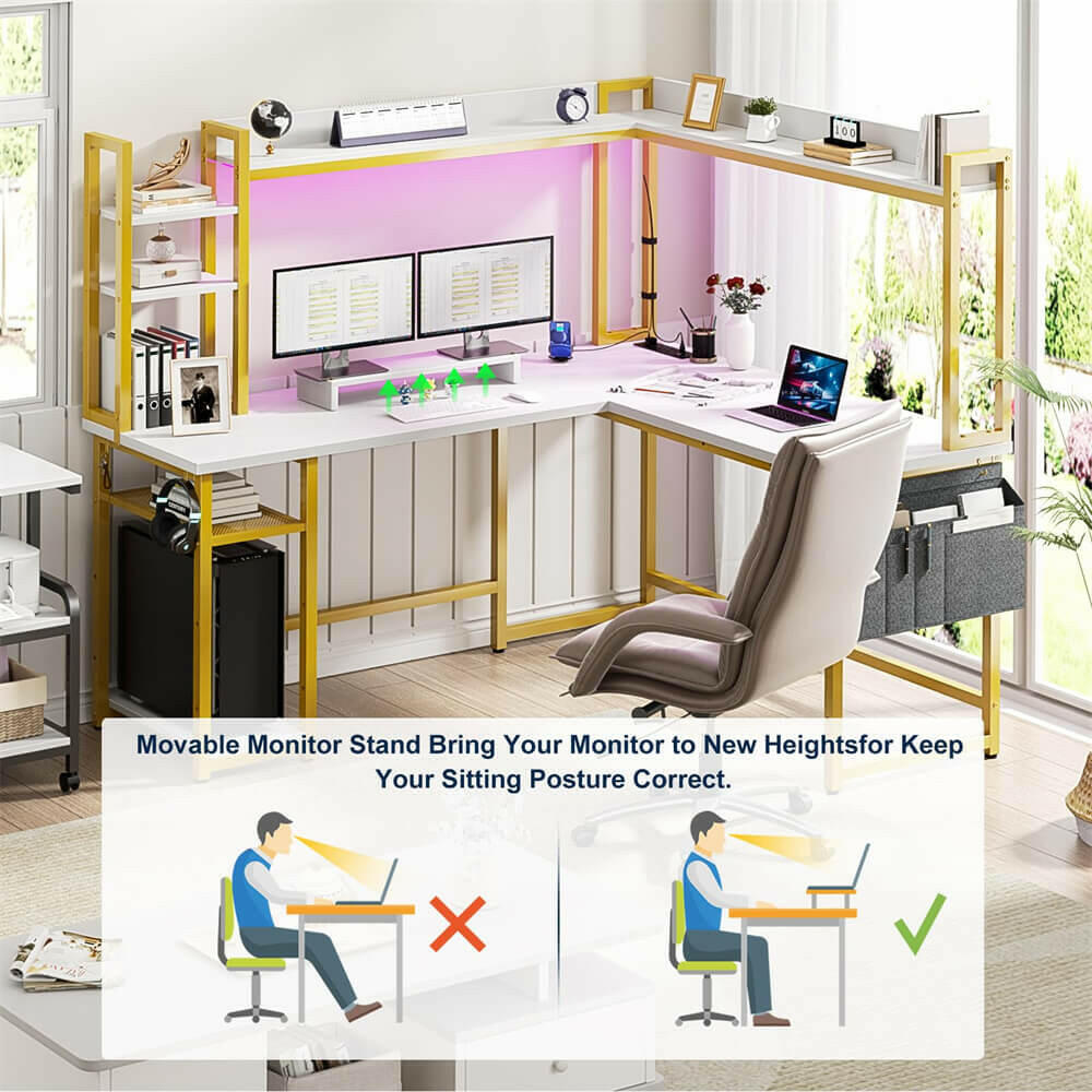 Unikito L Shaped Desk with Power Outlet, L Shaped Gaming Desk with Led Light & Hutch, Reversible Home Office Desk, Corner Computer Desk Writing Desk with Monitor Stand & Storage Shelves