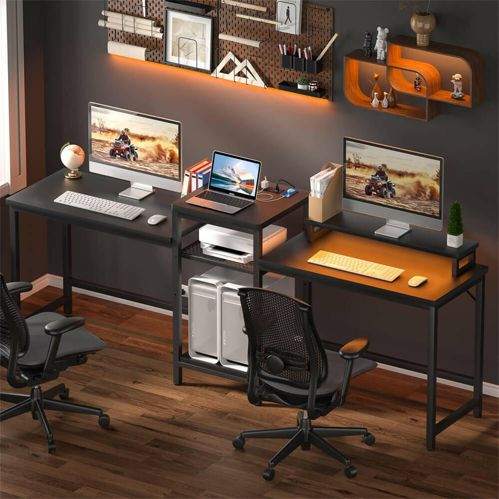 Unikito 2 Person Computer Desk with LED Light and Power Outlet Double Gaming Desk Large Workstation with Storage and Printer Stand Long Desk Offic