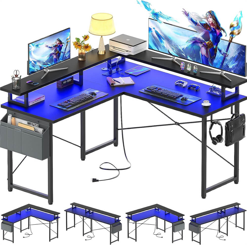 Unikito L Shaped Desk with Monitor Stand, 47'' Reversible L-Shaped Gaming Desk with Storage Shelves, Ergonomic Corner Computer Desk with Power Outlet and LED Lights for Home Office