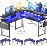 Unikito L Shaped Desk with Monitor Stand, 47'' Reversible L-Shaped Gaming Desk with Storage Shelves, Ergonomic Corner Computer Desk with Power Outlet and LED Lights for Home Office