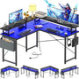Unikito L Shaped Desk with Monitor Stand, 47'' Reversible L-Shaped Gaming Desk with Storage Shelves, Ergonomic Corner Computer Desk with Power Outlet and LED Lights for Home Office