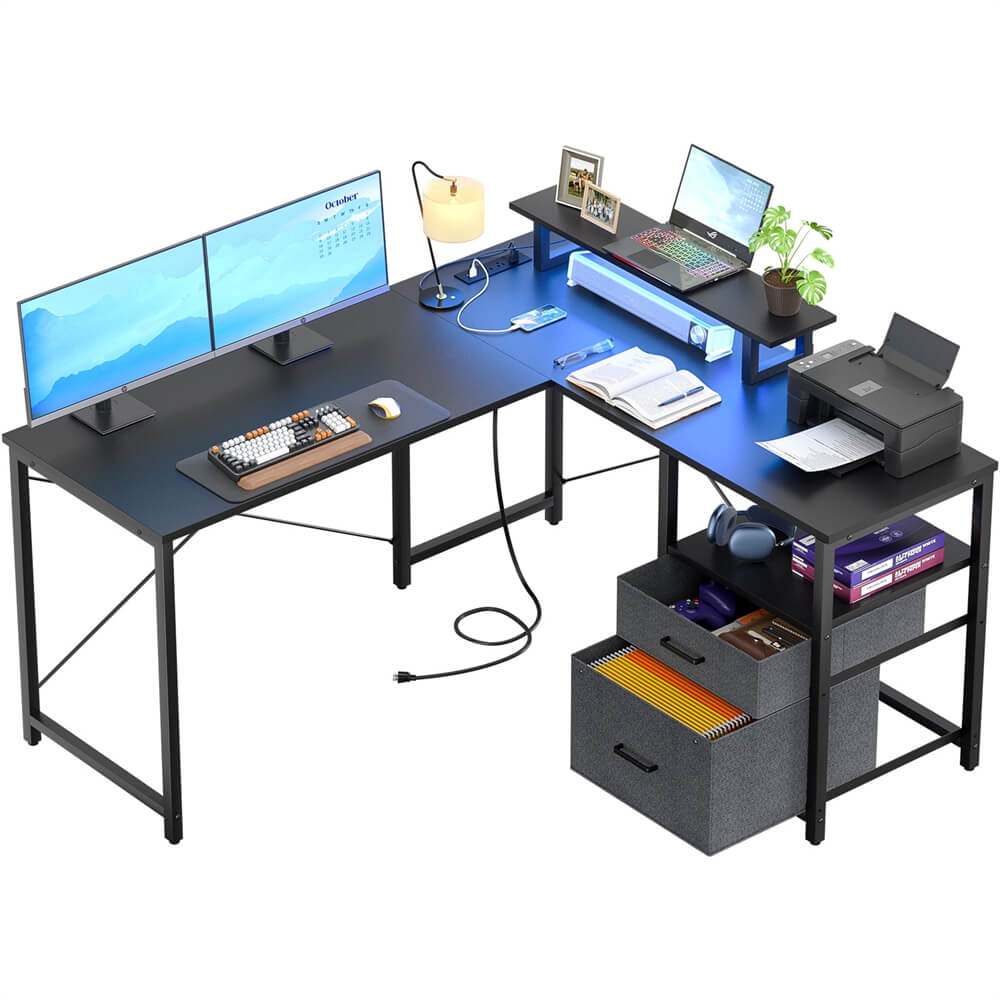Unikito L Shaped Desk with Power Outlet and LED Lights, Reversible Corner Computer Desk with Drawers and Storage Shelf, Ergonomic L-Shaped Gaming Desk with Monitor Stand for Home Office