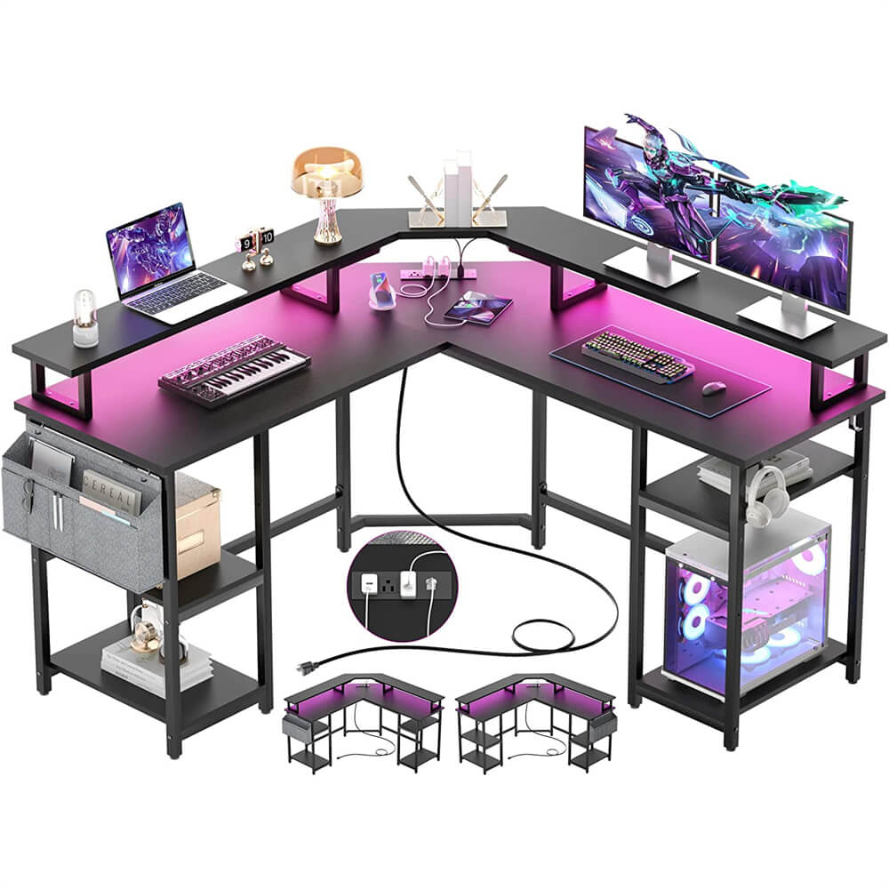 Unikito L Shaped Desk with Power Outlet and USB Ports, 55" Reversible Gaming Desk with Monitor Stand and LED Light, Corner Computer Desk with Storage Shelf