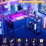 Unikito L Shaped Desk with Power Outlet & USB Port, 47 Inch Reversible Small Desk with LED Strip & Monitor Stand, Corner Computer Desk Writing Desk with Storage Shelves