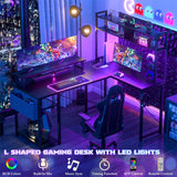 Unikito L Shaped Computer Desk with Hutch, Reversible Gaming Desk with Monitor Stand & Storage Shelf, Corner Desks Home Office Desk with Power Outlets & LED Lights