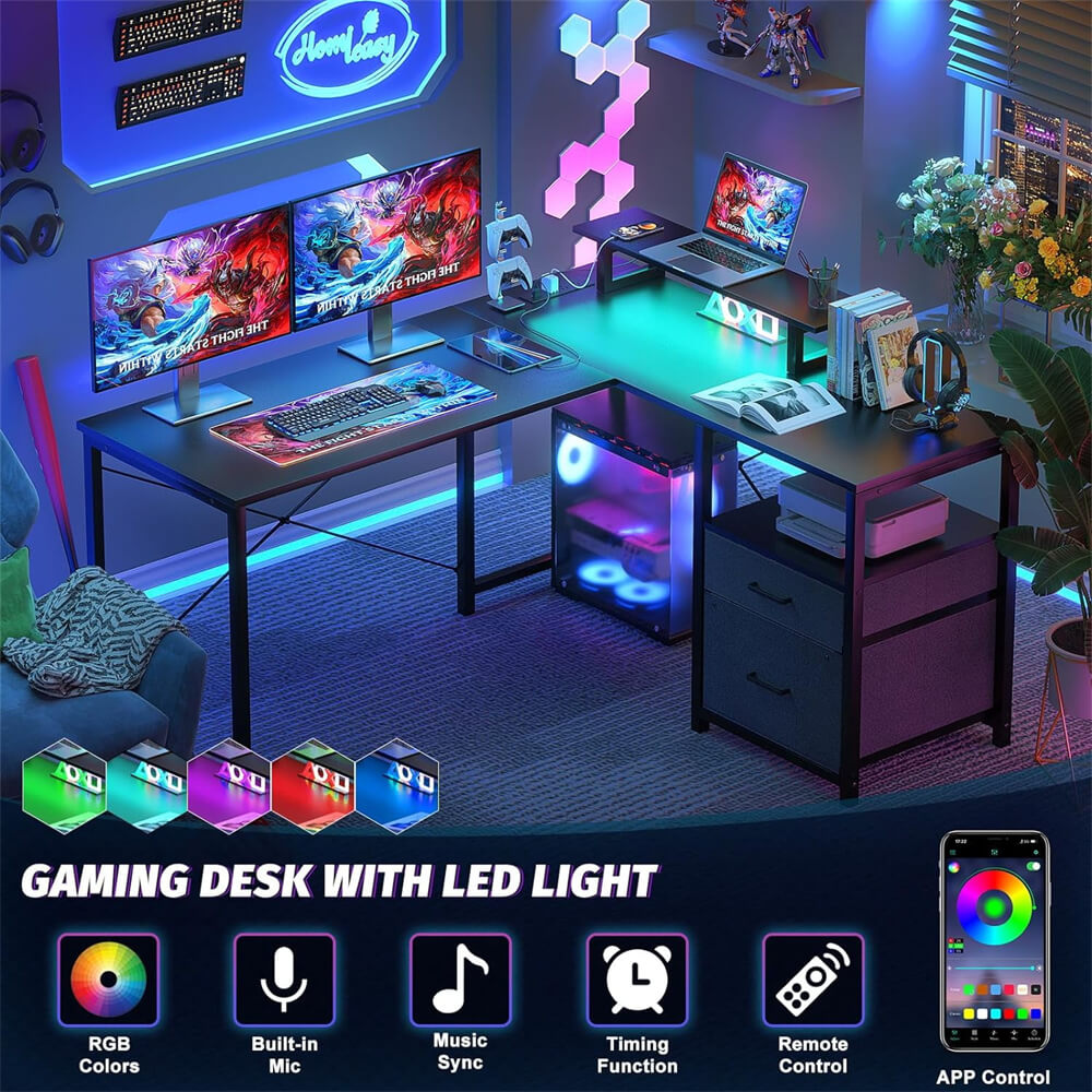 Unikito L Shaped Desk with Power Outlet and LED Lights, Reversible Corner Computer Desk with Drawers and Storage Shelf, Ergonomic L-Shaped Gaming Desk with Monitor Stand for Home Office