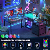 Unikito L Shaped Desk with Power Outlet and LED Lights, Reversible Corner Computer Desk with Drawers and Storage Shelf, Ergonomic L-Shaped Gaming Desk with Monitor Stand for Home Office