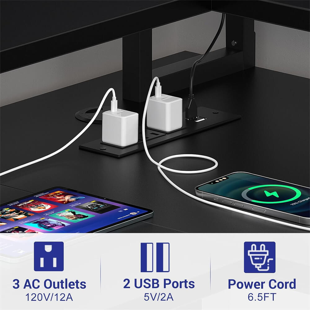 Unikito L Shaped Desk with Monitor Stand, 47'' Reversible L-Shaped Gaming Desk with Storage Shelves, Ergonomic Corner Computer Desk with Power Outlet and LED Lights for Home Office