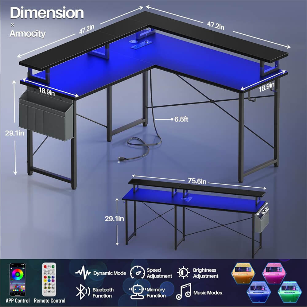Unikito L Shaped Desk with Monitor Stand, 47'' Reversible L-Shaped Gaming Desk with Storage Shelves, Ergonomic Corner Computer Desk with Power Outlet and LED Lights for Home Office
