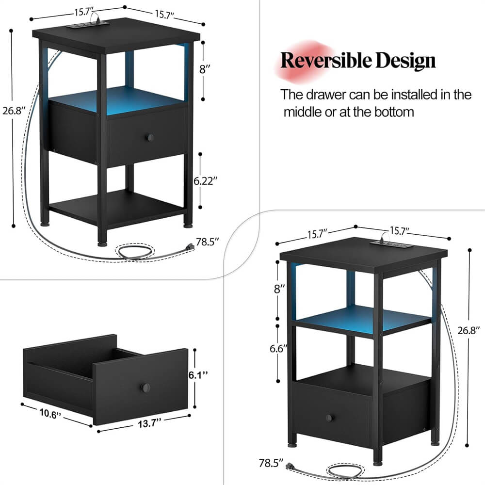 Unikito Nightstand Set of 2 with Charging Station, End Table Bedside Table with LED Lights, Modern Nightstands with Drawers and Storage Shelf, Wood Night Stands for Bedroom, Living Room