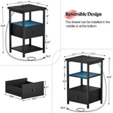 Unikito Nightstand Set of 2 with Charging Station, End Table Bedside Table with LED Lights, Modern Nightstands with Drawers and Storage Shelf, Wood Night Stands for Bedroom, Living Room