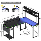 Unikito L Shaped Computer Desk with Hutch, Reversible Gaming Desk with Monitor Stand & Storage Shelf, Corner Desks Home Office Desk with Power Outlets & LED Lights