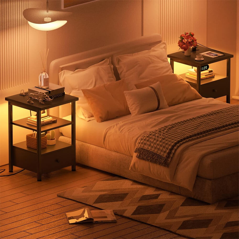 Unikito Nightstand Set of 2 with Charging Station, End Table Bedside Table with LED Lights, Modern Nightstands with Drawers and Storage Shelf, Wood Night Stands for Bedroom, Living Room