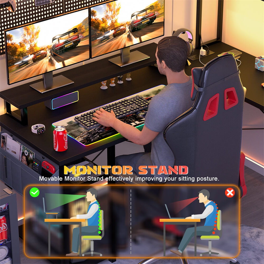 Unikito L Shaped Computer Desk with Hutch, Reversible Gaming Desk with Monitor Stand & Storage Shelf, Corner Desks Home Office Desk with Power Outlets & LED Lights