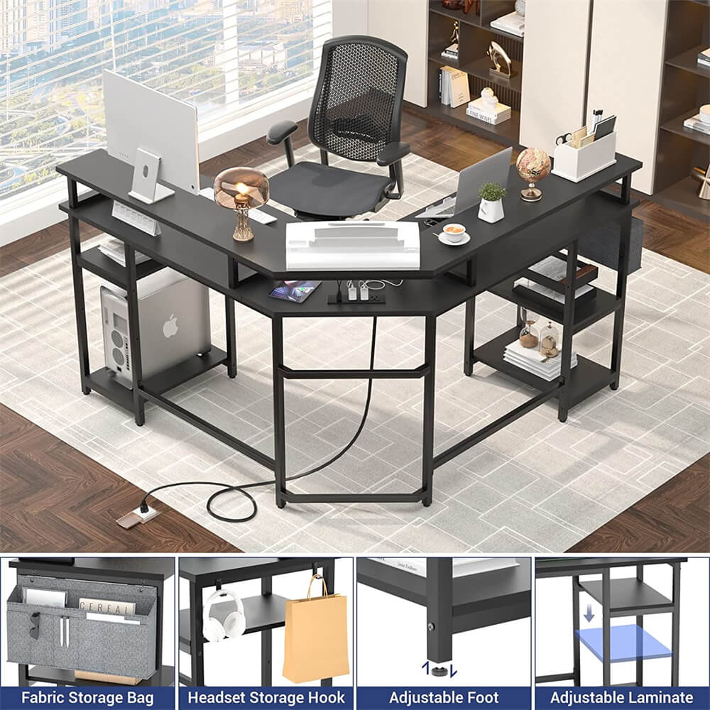 Unikito L Shaped Desk with Power Outlet and USB Ports, 55" Reversible Gaming Desk with Monitor Stand and LED Light, Corner Computer Desk with Storage Shelf