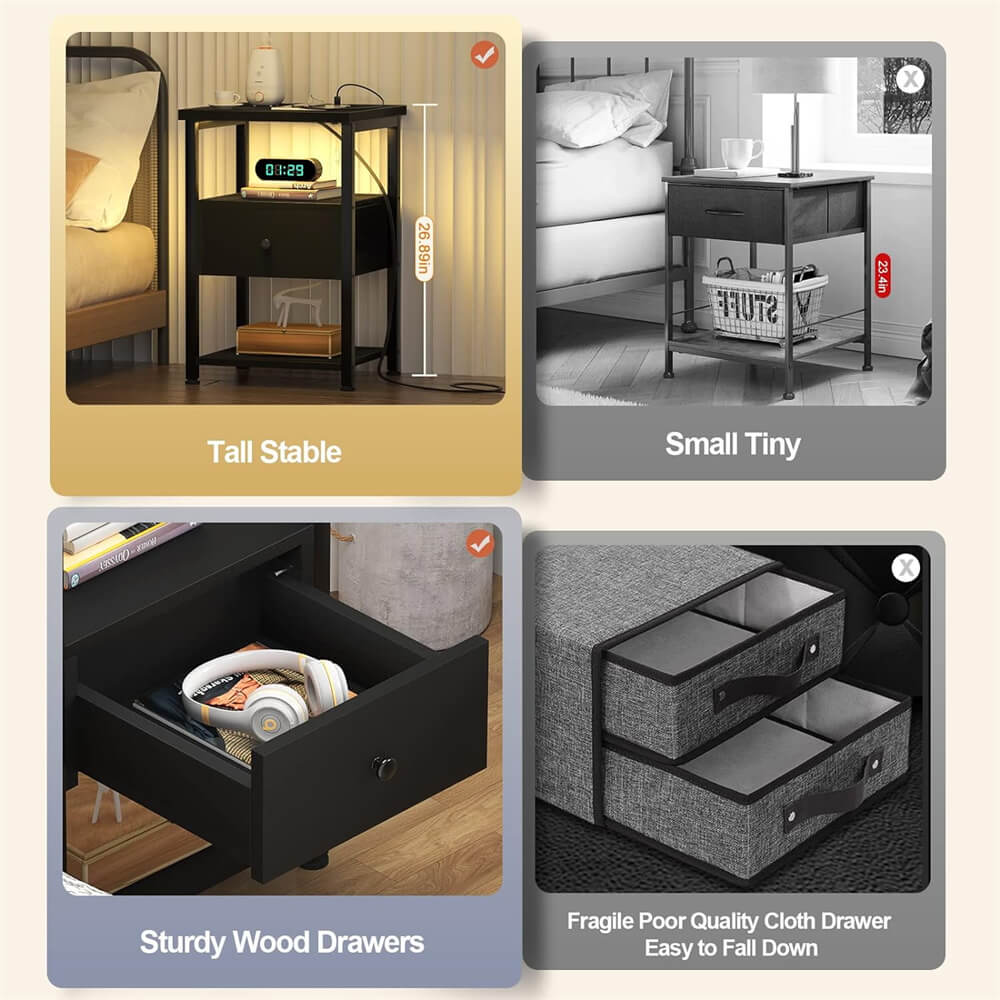 Unikito Nightstand Set of 2 with Charging Station, End Table Bedside Table with LED Lights, Modern Nightstands with Drawers and Storage Shelf, Wood Night Stands for Bedroom, Living Room