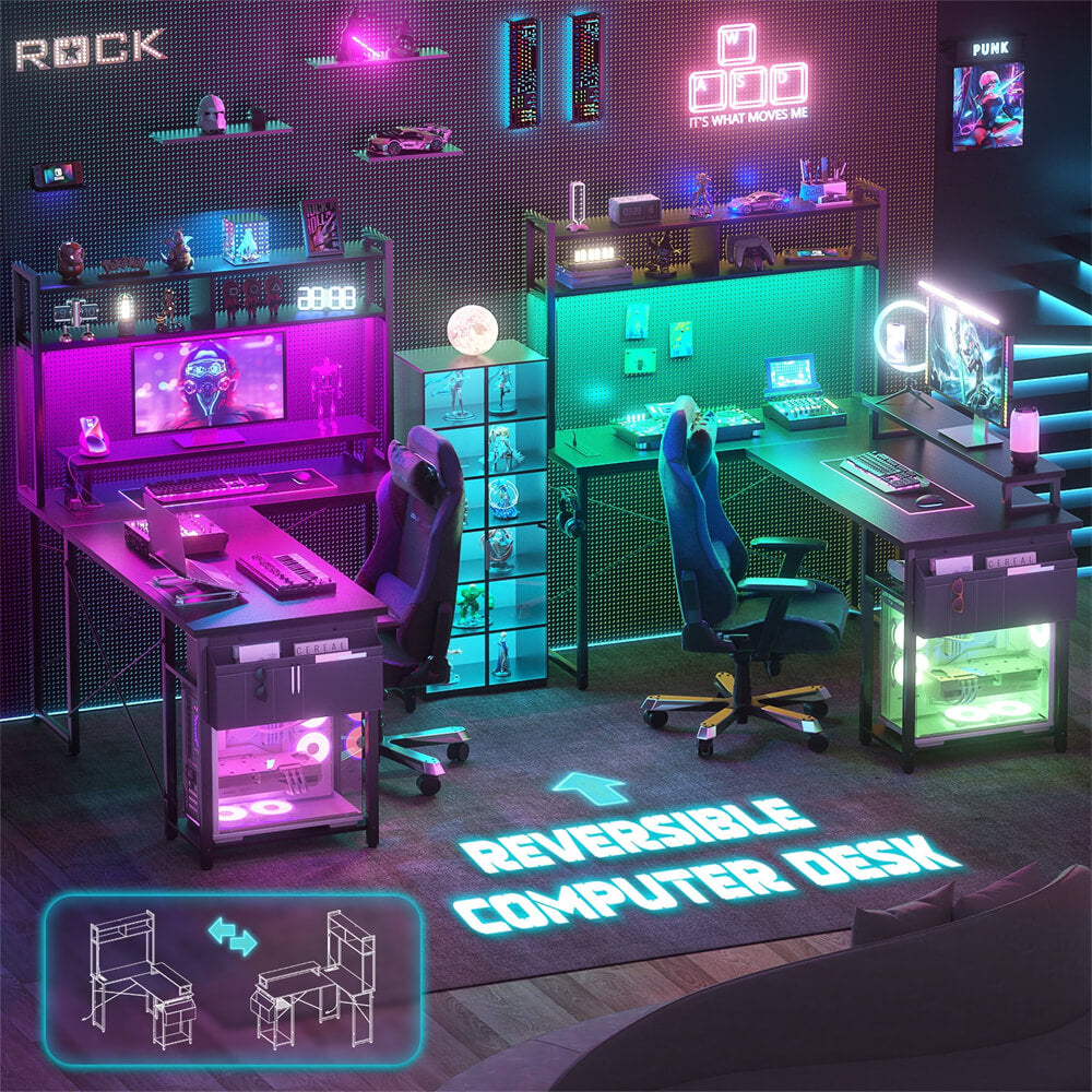 Unikito L Shaped Computer Desk with Hutch, Reversible Gaming Desk with Monitor Stand & Storage Shelf, Corner Desks Home Office Desk with Power Outlets & LED Lights