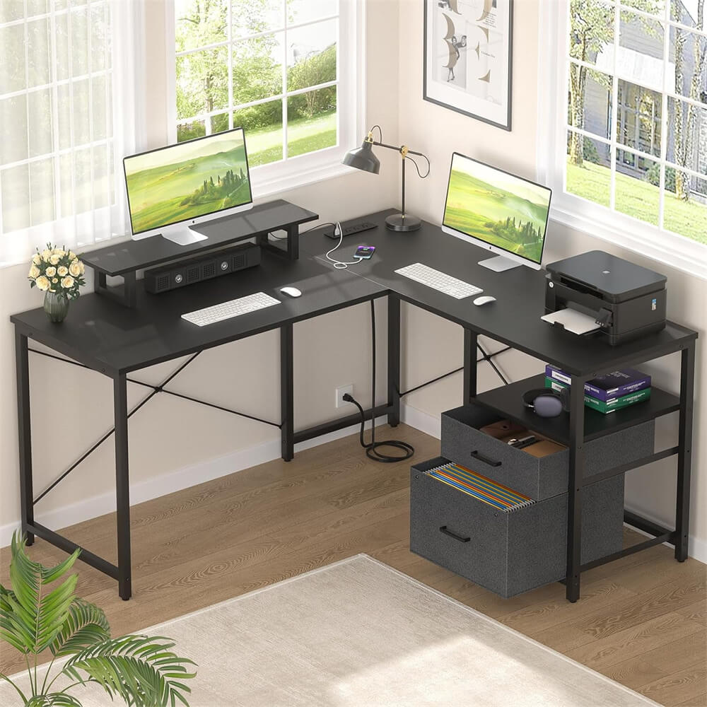 Unikito L Shaped Desk with Power Outlet and LED Lights, Reversible Corner Computer Desk with Drawers and Storage Shelf, Ergonomic L-Shaped Gaming Desk with Monitor Stand for Home Office