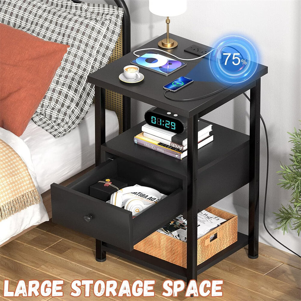 Unikito Nightstand Set of 2 with Charging Station, End Table Bedside Table with LED Lights, Modern Nightstands with Drawers and Storage Shelf, Wood Night Stands for Bedroom, Living Room