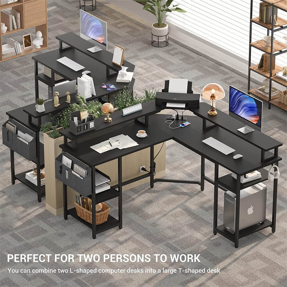 Unikito L Shaped Desk with Power Outlet and USB Ports, 55" Reversible Gaming Desk with Monitor Stand and LED Light, Corner Computer Desk with Storage Shelf