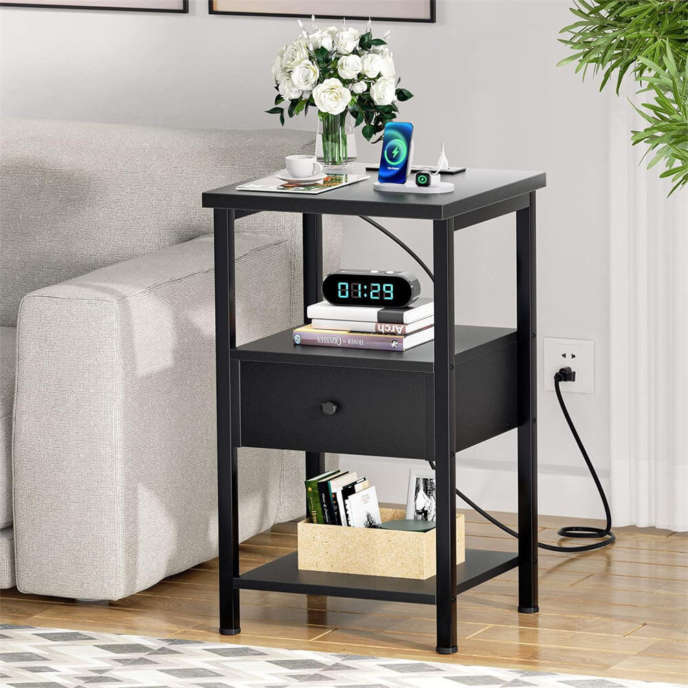 Unikito Nightstand Set of 2 with Charging Station, End Table Bedside Table with LED Lights, Modern Nightstands with Drawers and Storage Shelf, Wood Night Stands for Bedroom, Living Room