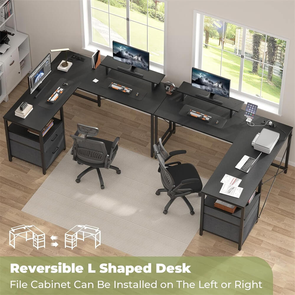 Unikito L Shaped Desk with Power Outlet and LED Lights, Reversible Corner Computer Desk with Drawers and Storage Shelf, Ergonomic L-Shaped Gaming Desk with Monitor Stand for Home Office