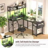 Unikito L Shaped Computer Desk with Hutch, Reversible Gaming Desk with Monitor Stand & Storage Shelf, Corner Desks Home Office Desk with Power Outlets & LED Lights