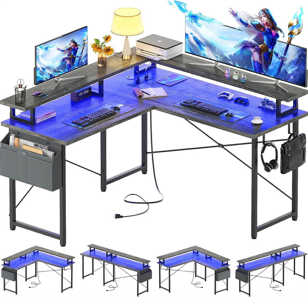 Unikito L Shaped Desk with Monitor Stand, 47'' Reversible L-Shaped Gaming Desk with Storage Shelves, Ergonomic Corner Computer Desk with Power Outlet and LED Lights for Home Office