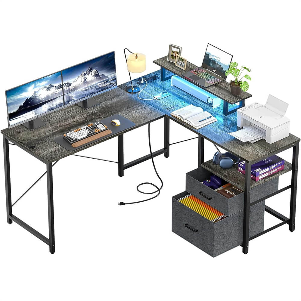 Unikito L Shaped Desk with Power Outlet and LED Lights, Reversible Corner Computer Desk with Drawers and Storage Shelf, Ergonomic L-Shaped Gaming Desk with Monitor Stand for Home Office