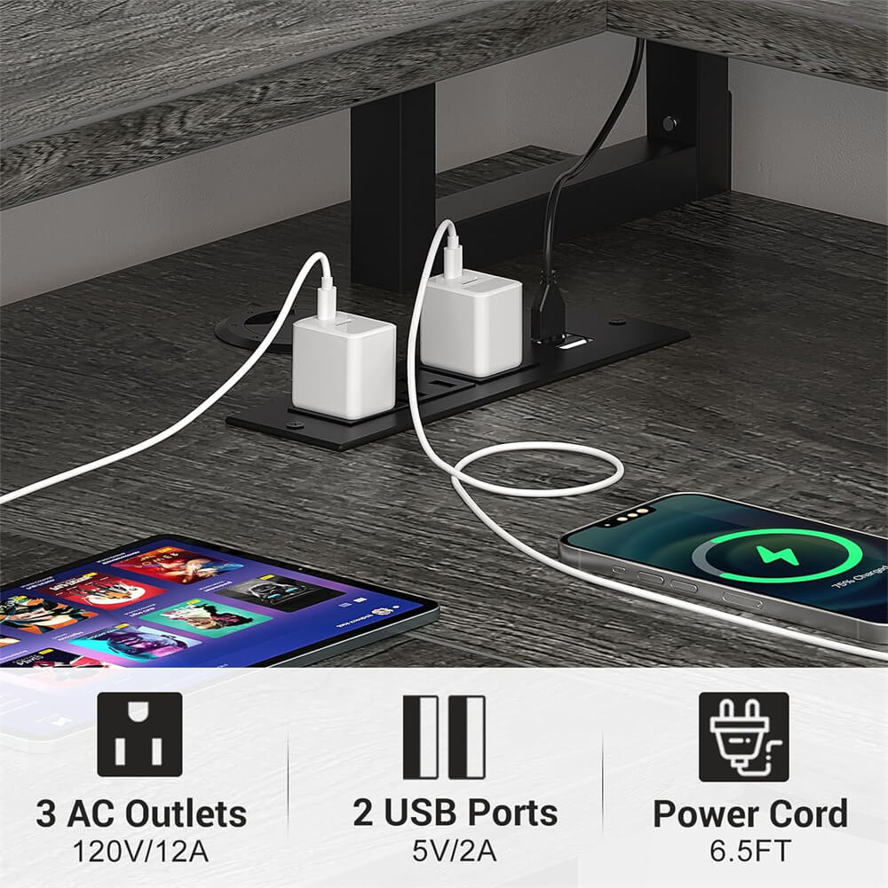 Unikito L Shaped Desk with Monitor Stand, 47'' Reversible L-Shaped Gaming Desk with Storage Shelves, Ergonomic Corner Computer Desk with Power Outlet and LED Lights for Home Office