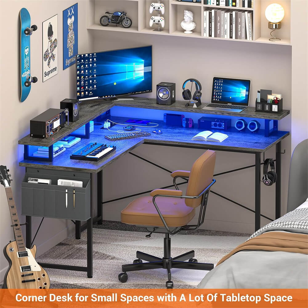 Unikito L Shaped Desk with Monitor Stand, 47'' Reversible L-Shaped Gaming Desk with Storage Shelves, Ergonomic Corner Computer Desk with Power Outlet and LED Lights for Home Office