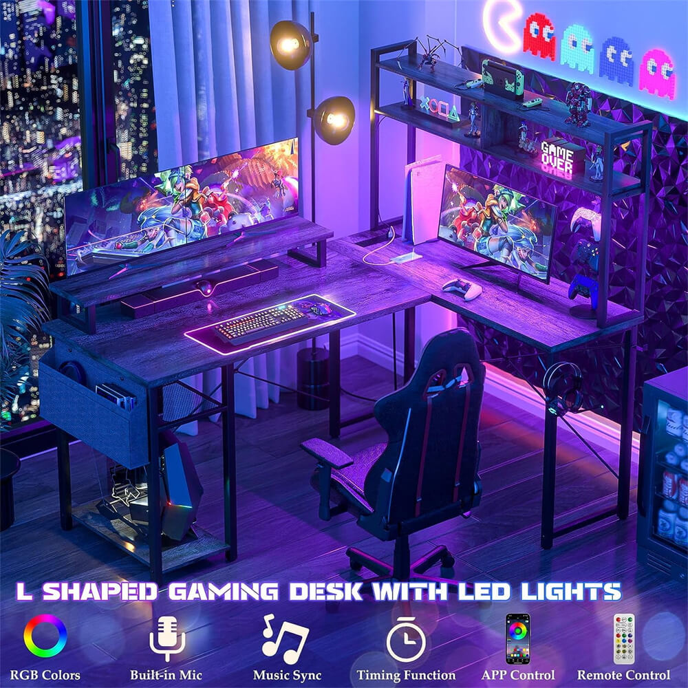 Unikito L Shaped Computer Desk with Hutch, Reversible Gaming Desk with Monitor Stand & Storage Shelf, Corner Desks Home Office Desk with Power Outlets & LED Lights