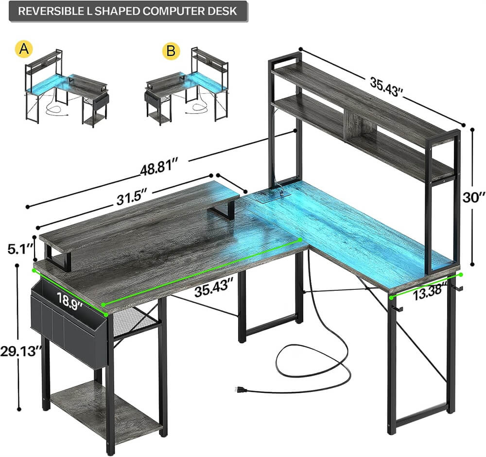 Unikito L Shaped Computer Desk with Hutch, Reversible Gaming Desk with Monitor Stand & Storage Shelf, Corner Desks Home Office Desk with Power Outlets & LED Lights