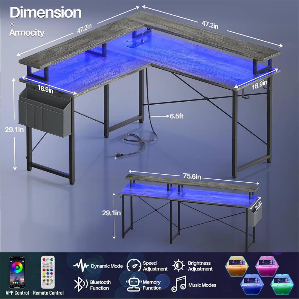 Unikito L Shaped Desk with Monitor Stand, 47'' Reversible L-Shaped Gaming Desk with Storage Shelves, Ergonomic Corner Computer Desk with Power Outlet and LED Lights for Home Office