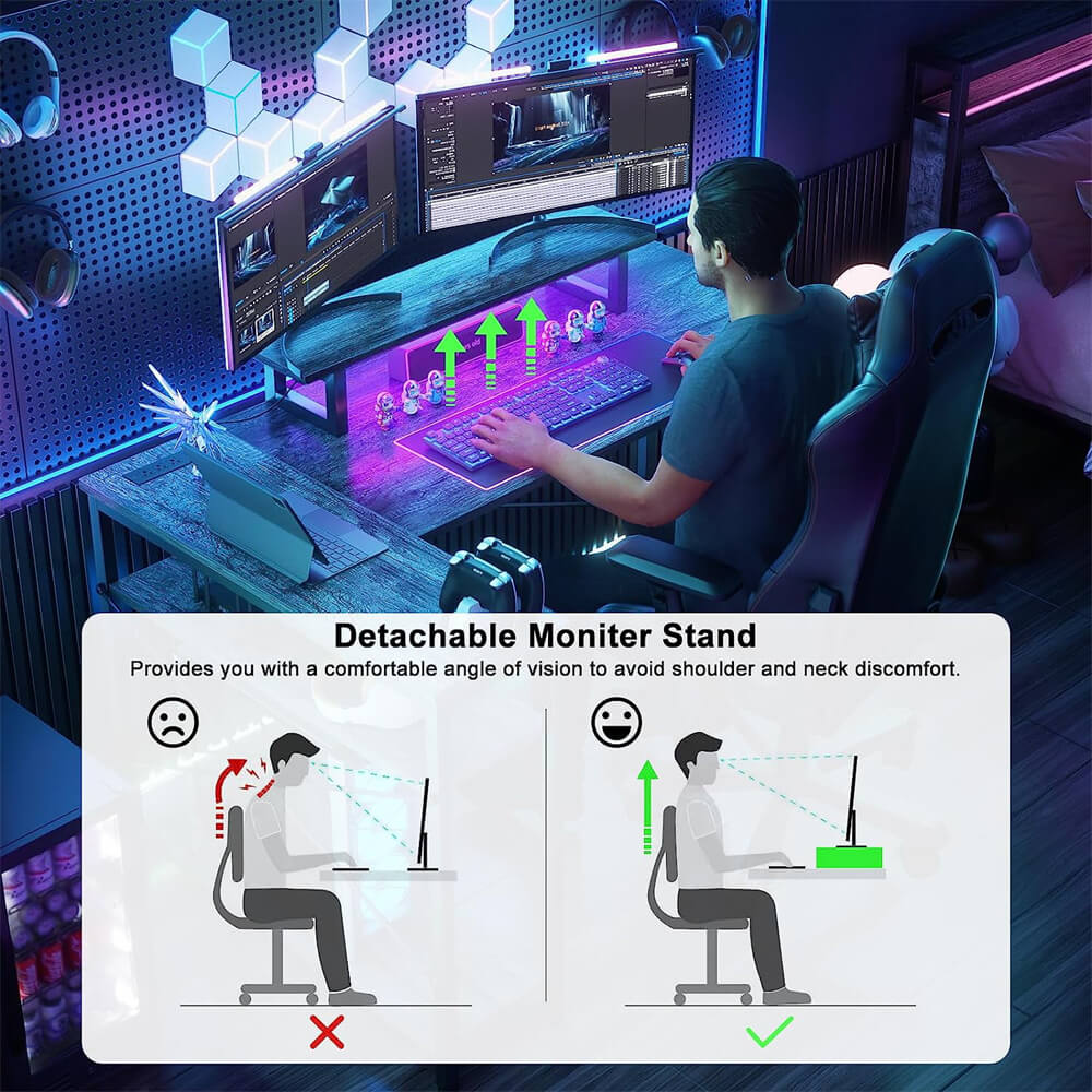 Unikito L Shaped Desk with Power Outlet & USB Port, 47 Inch Reversible Small Desk with LED Strip & Monitor Stand, Corner Computer Desk Writing Desk with Storage Shelves