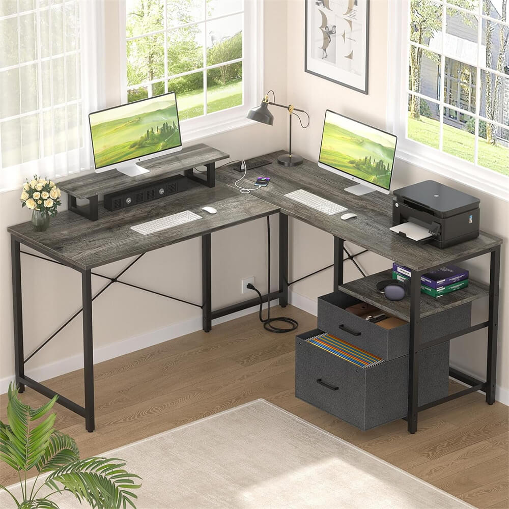 Unikito L Shaped Desk with Power Outlet and LED Lights, Reversible Corner Computer Desk with Drawers and Storage Shelf, Ergonomic L-Shaped Gaming Desk with Monitor Stand for Home Office