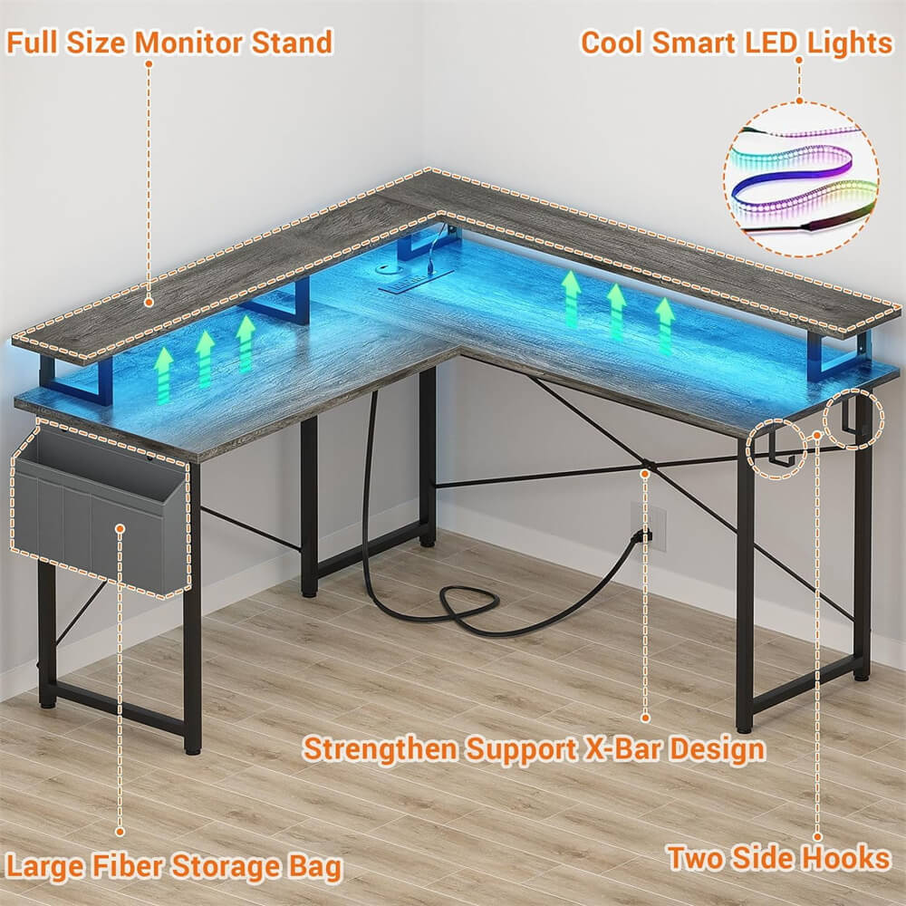 Unikito L Shaped Desk with Monitor Stand, 47'' Reversible L-Shaped Gaming Desk with Storage Shelves, Ergonomic Corner Computer Desk with Power Outlet and LED Lights for Home Office